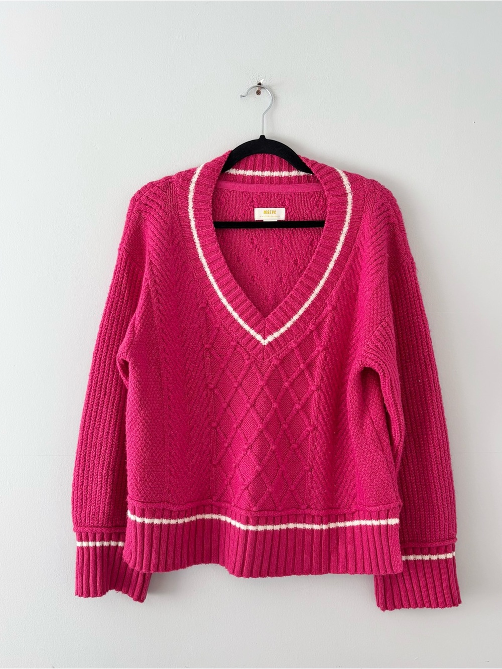 Maeve Tilly V-Neck Pullover Sweater Chunky Cable Knit Pink Anthropologie